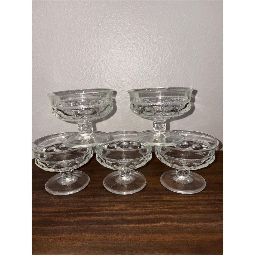 Vtg Indiana Glass Clear Kings Crown Thumbprint Footed Dessert Cups - Set of 5